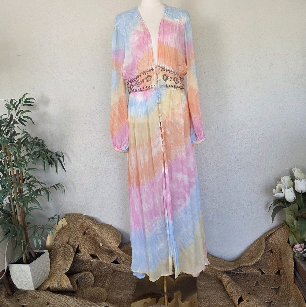 Free People Summer of Love Kimono Maxi Dress Tie Dye Boho Beaded Waist S - Picture 2 of 14